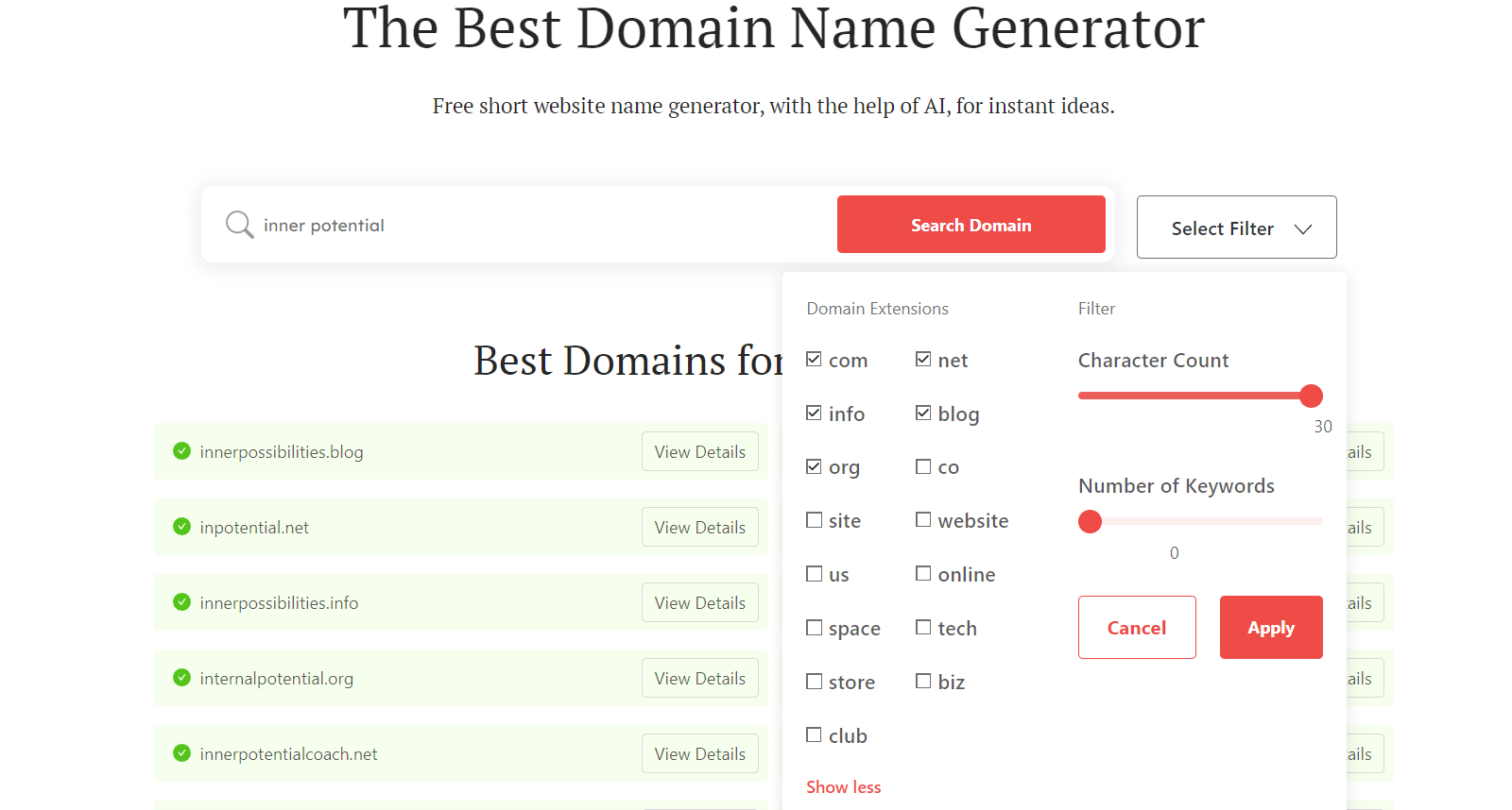 DomainWheel life coach business name generator search filters for domain extensions, character count, and number of keywords