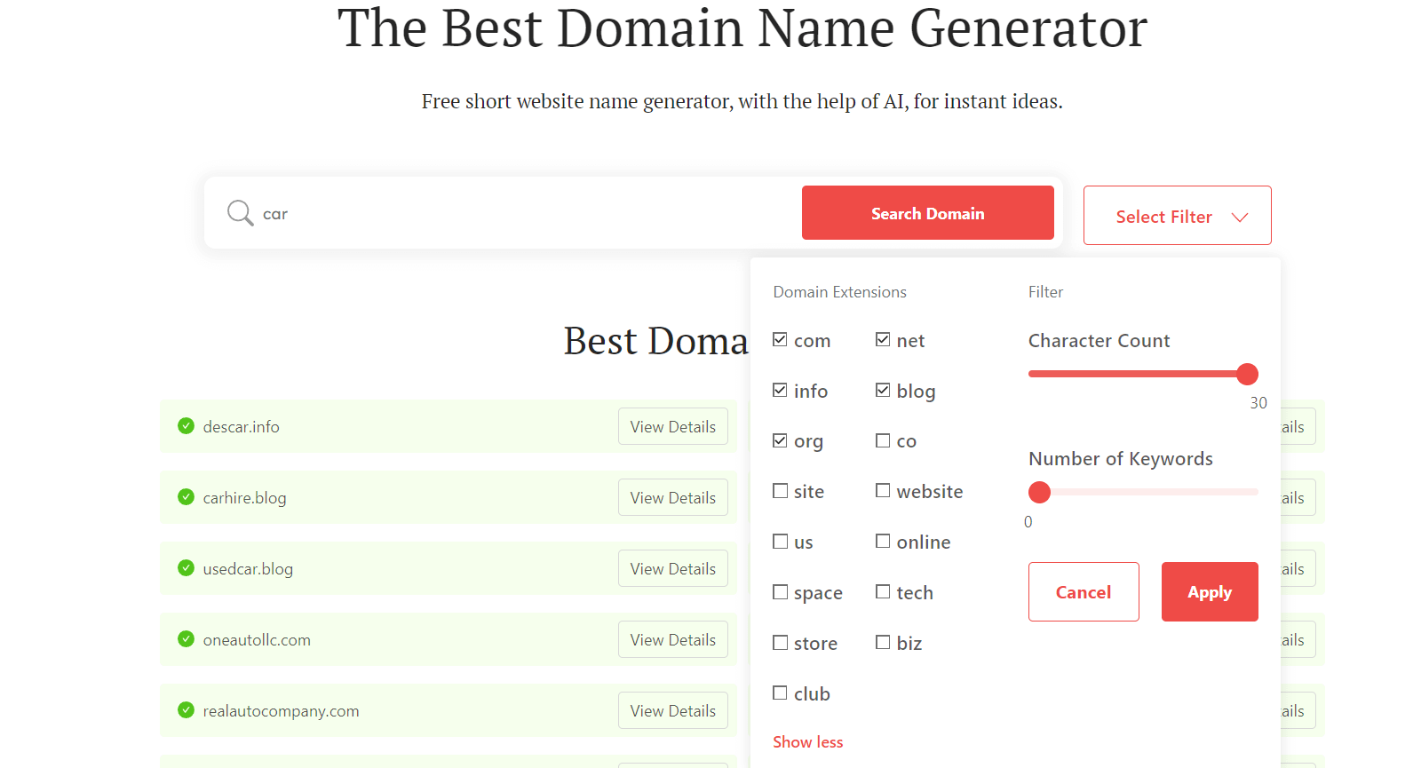 DomainWheel car dealership names generator search filters for domain extensions, character count, and number of keywords