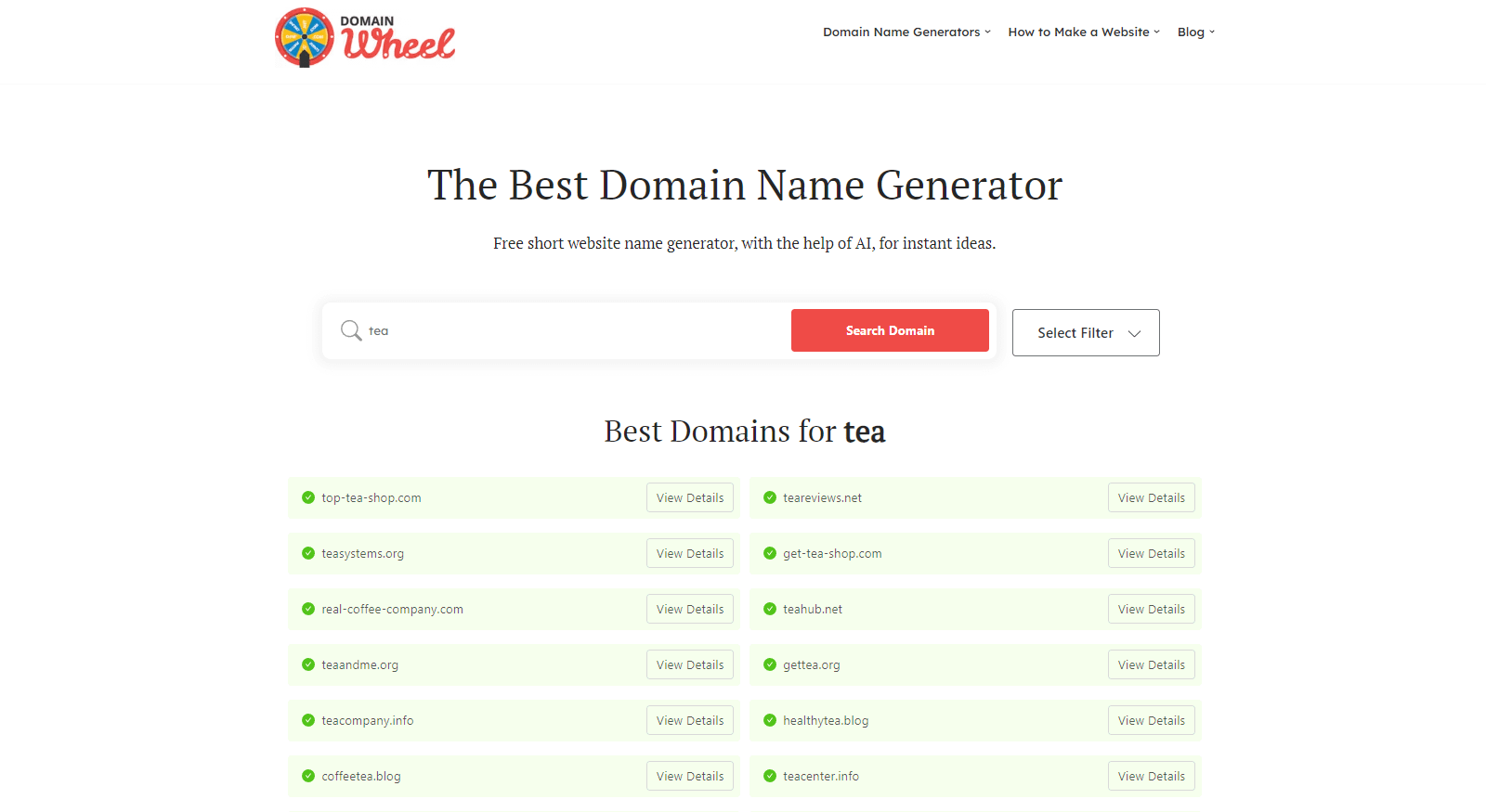 Tea company names -DomainWheel screenshot