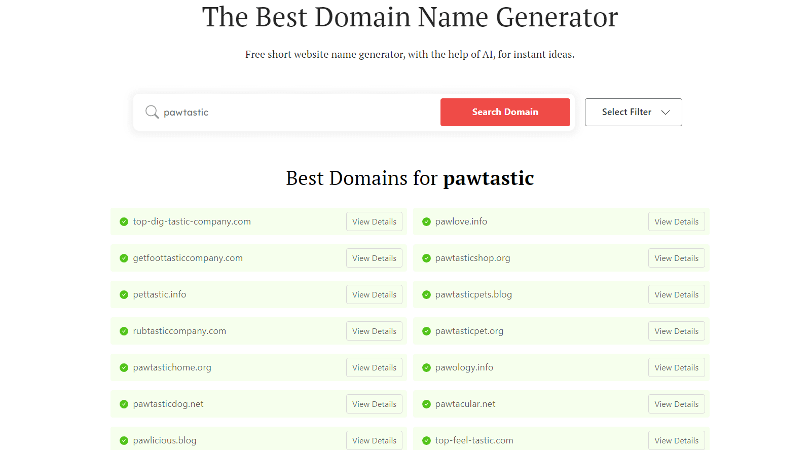 DomainWheel pet store name generator search results