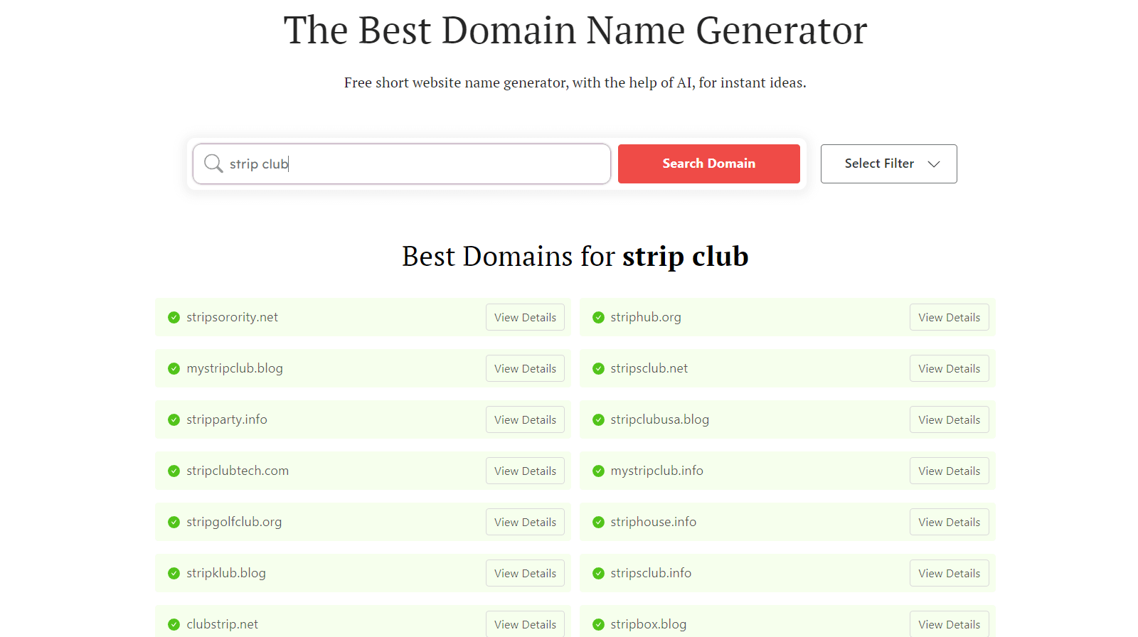 Strip club names from DomainWheel search