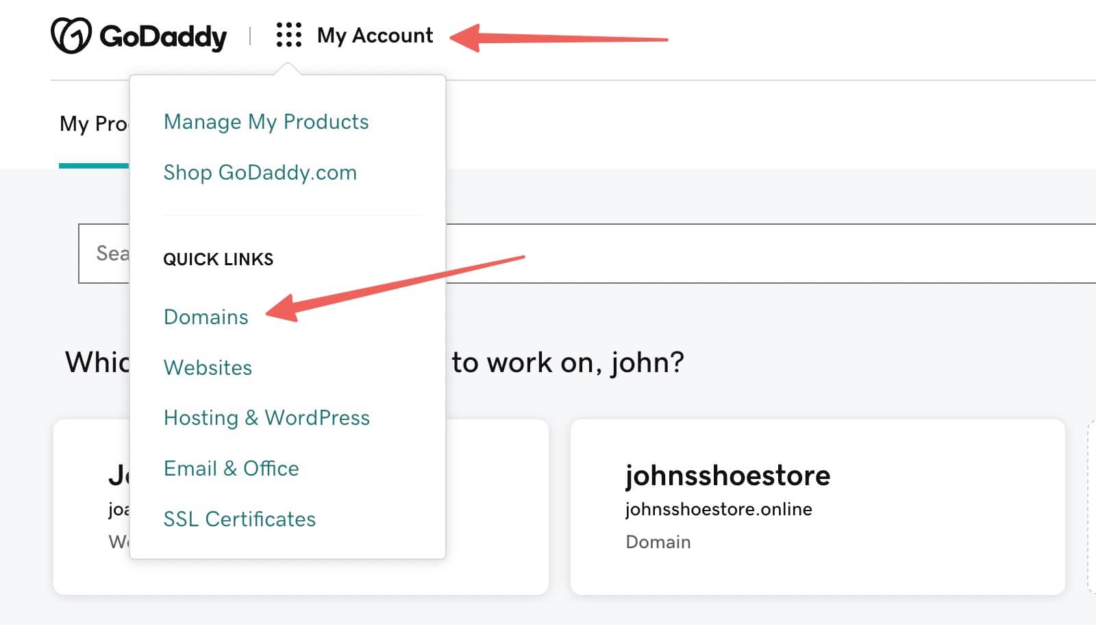 GoDaddy "My Account" menu with a red arrow pointing to "Domains"