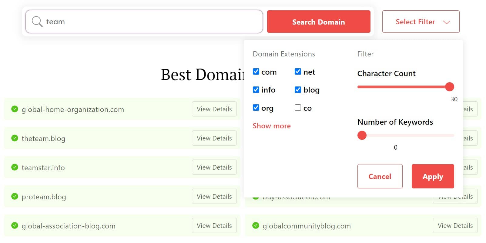 DomainWheel team name generator search filters