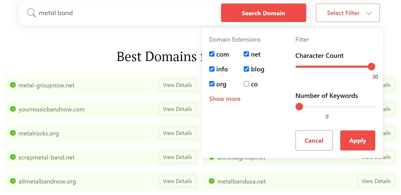 DomainWheel search filter options for domain extensions, character count, and number of keywords