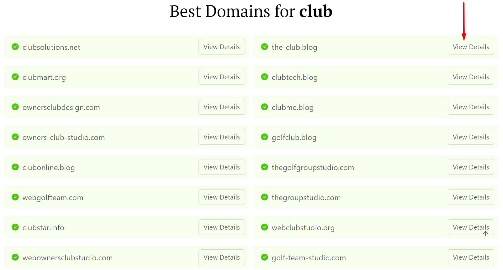 DomainWheel club name generator search results with a red arrow pointing to the "View Details" button for the top right result