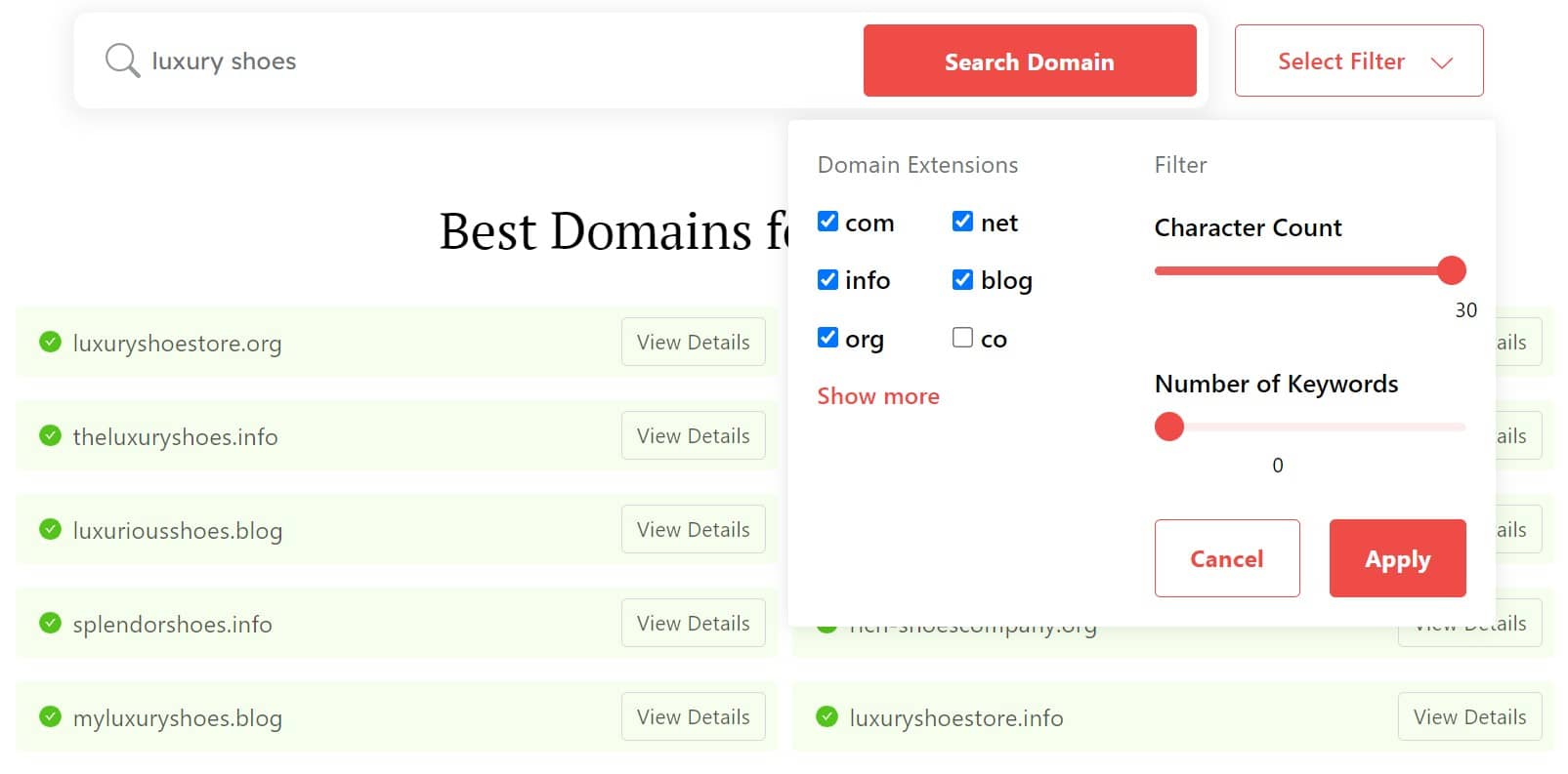 DomainWheel shoe company names generator search filter domain extensions, character count, and number of keywords