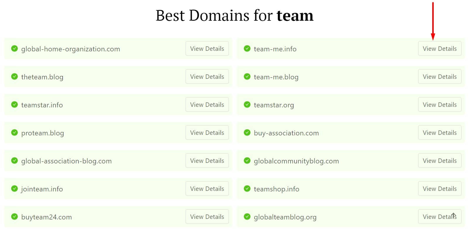 DomainWheel team name generator with a red arrow pointing to the "View Details" button for the top right suggestion