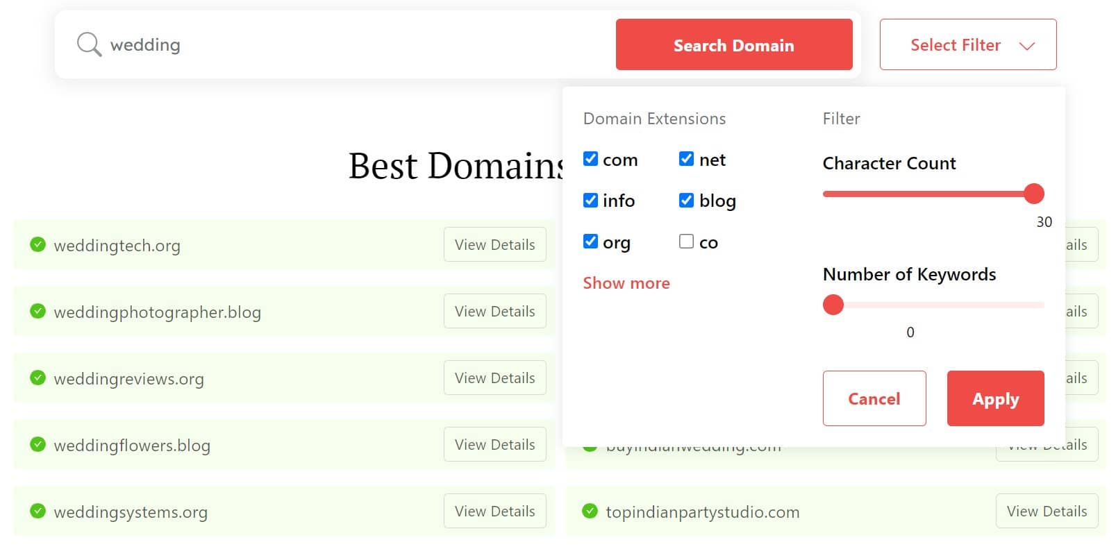 Filter domain extensions for "wedding"