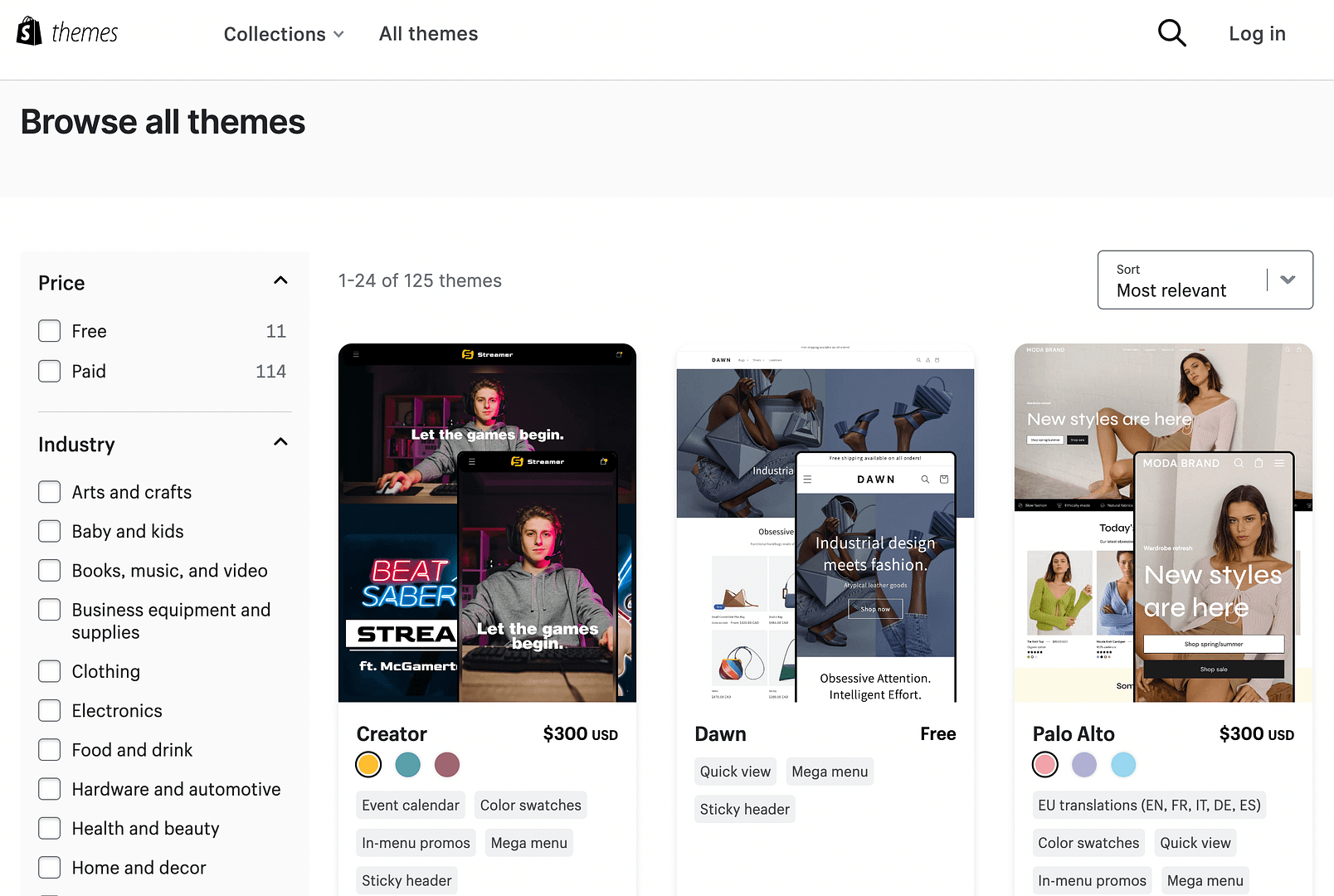 Shopify theme library "Browse all themes" area