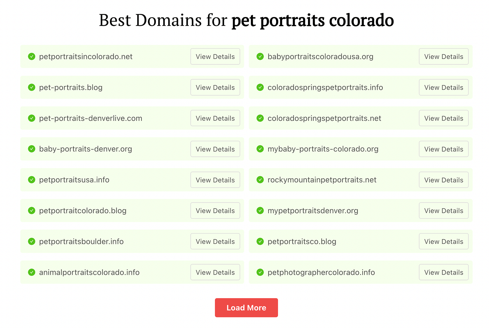 Domain name generator results for regional pet portraits.