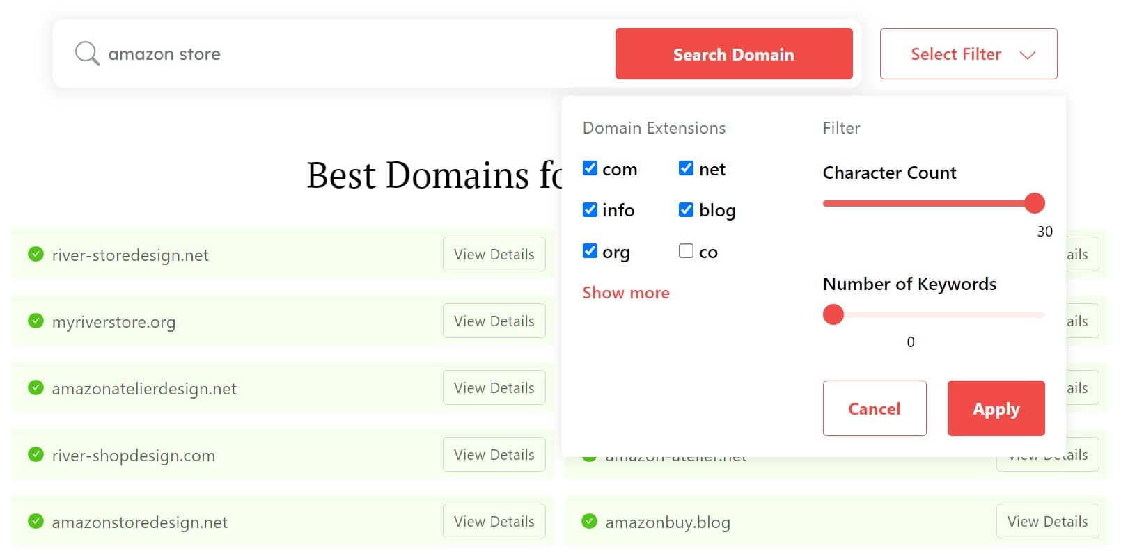 DomainWheel Amazon store name generator search filters for domain extensions, character count, and keyword number