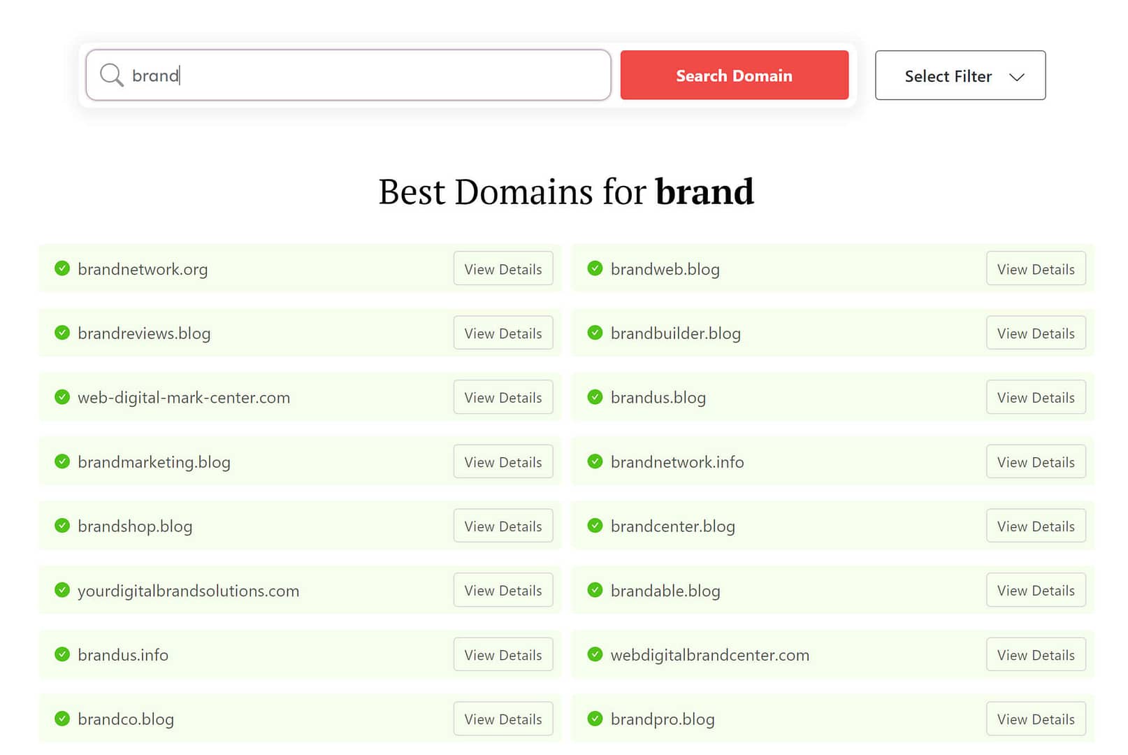 DomainWheel free website name generator search results for "brand"