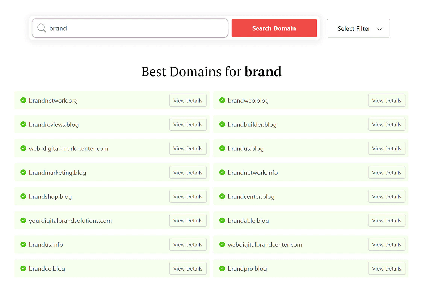 DomainWheel free website name generator search results for "brand"