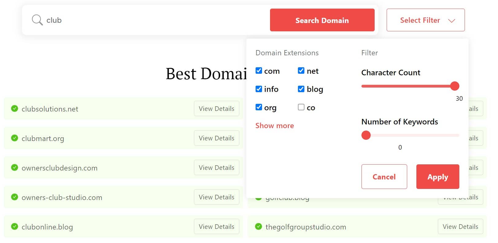 DomainWheel club name generator search filters