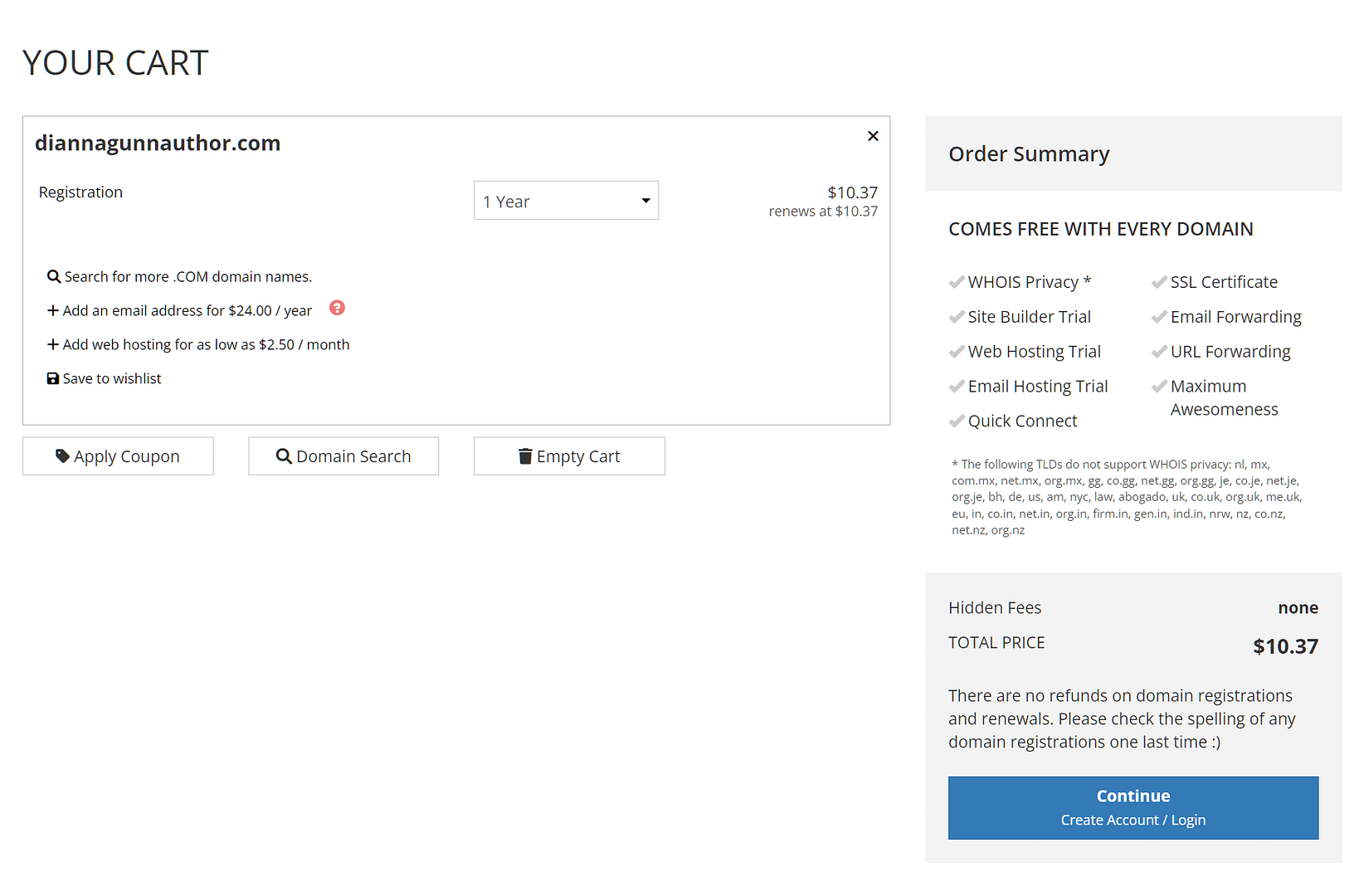 Porkbun domain purchase checkout page.