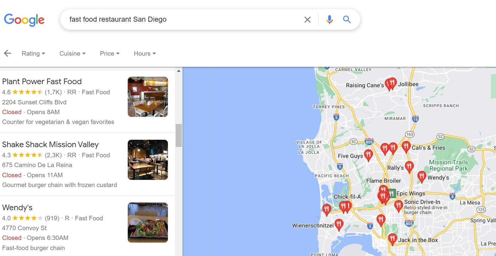 Fast food restaurant names search, San Diego