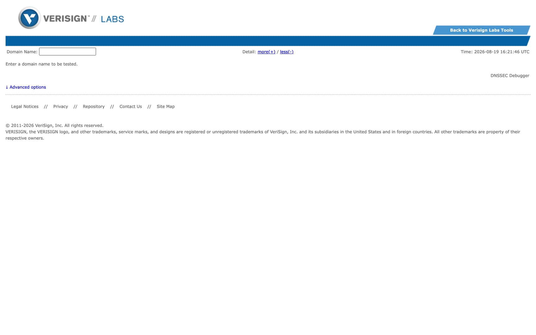 Verisign Labs DNSSEC Analyzer tool waiting for a domain name to test