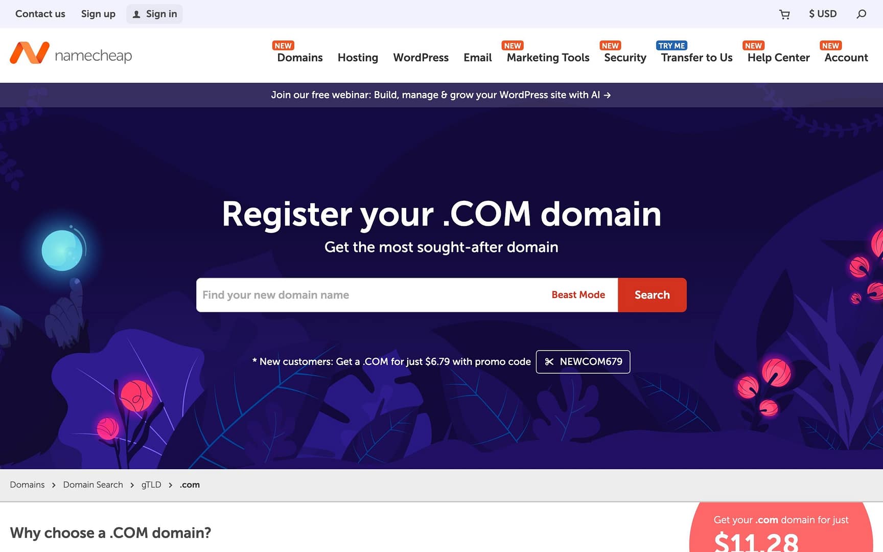 Namecheap .com domain registration page showing the $11.28 first-year price