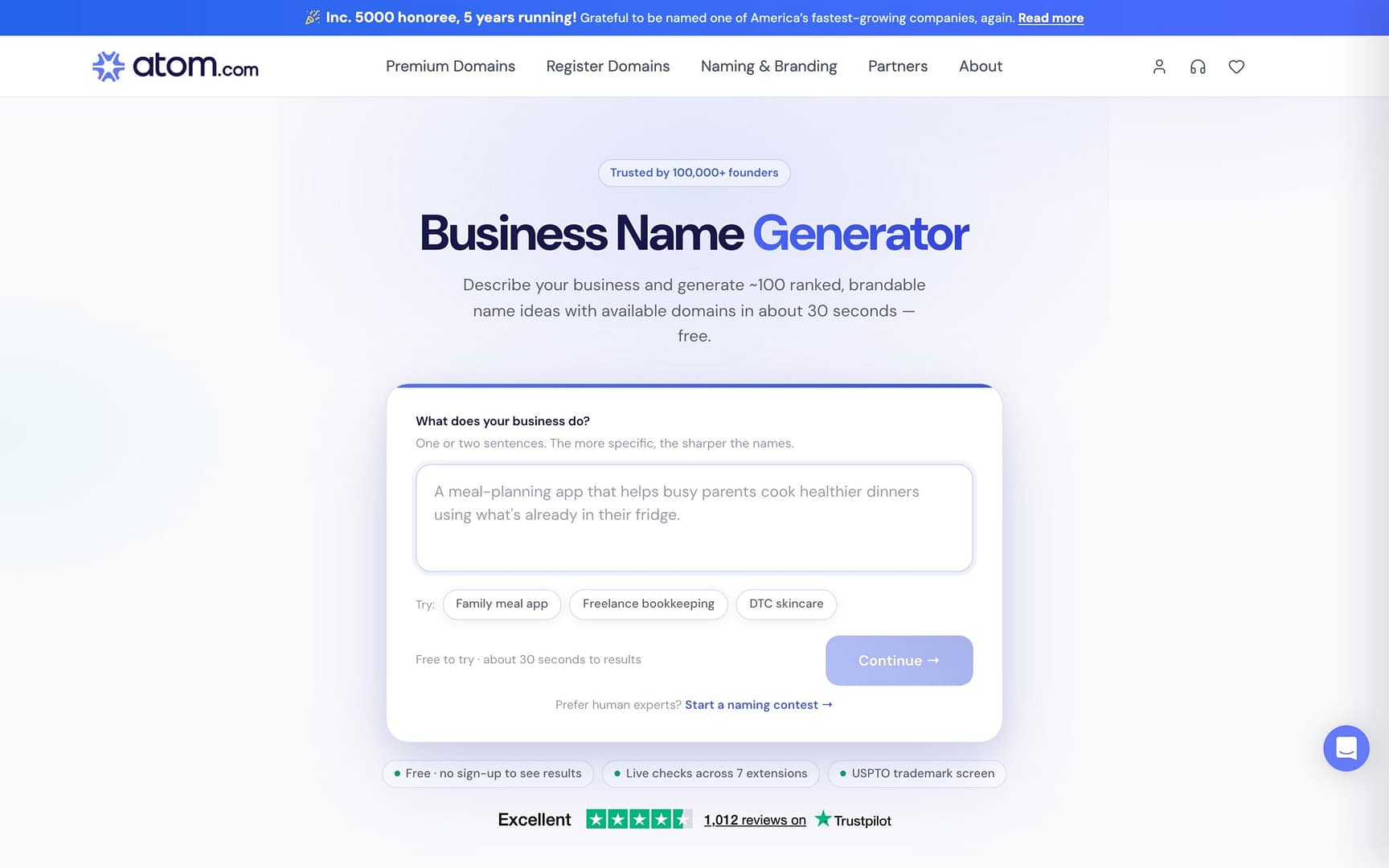 Atom business name generator asking what your business does