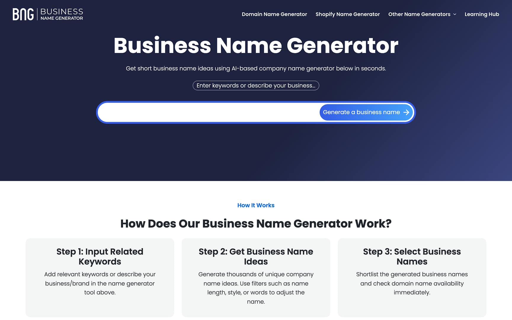 BusinessNameGenerator.com AI name generator interface