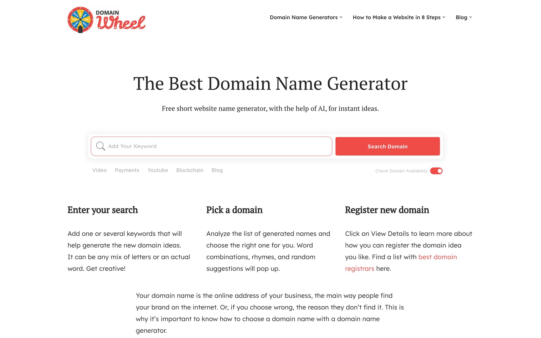 DomainWheel AI business name generator homepage with keyword search field