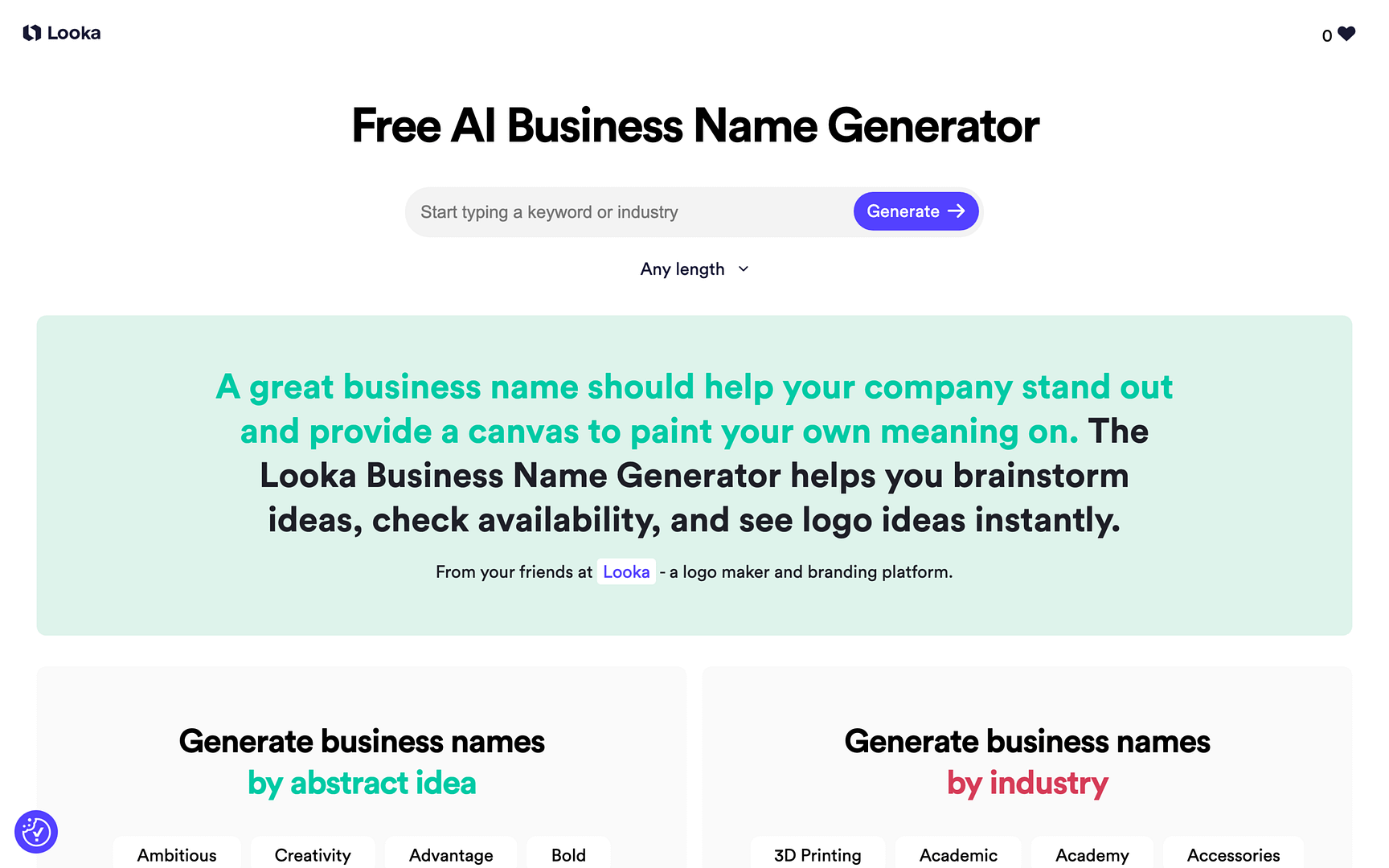 Looka free AI business name generator with keyword input