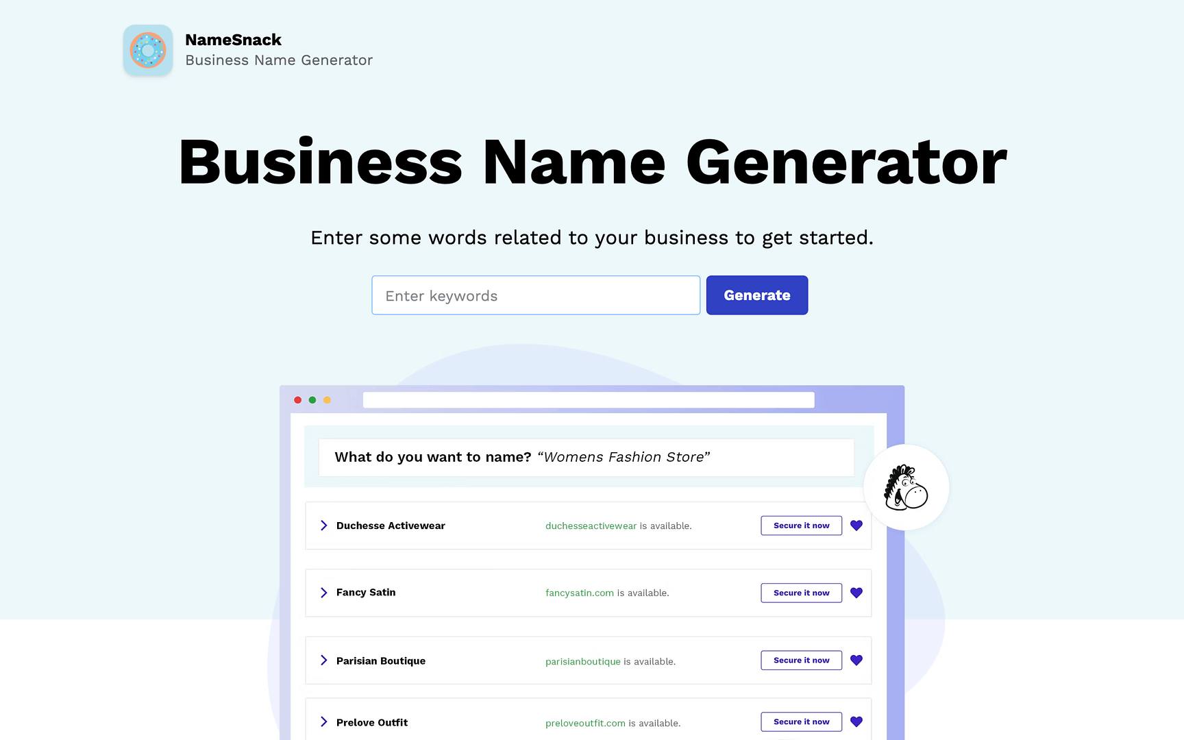NameSnack business name generator with sample generated name results