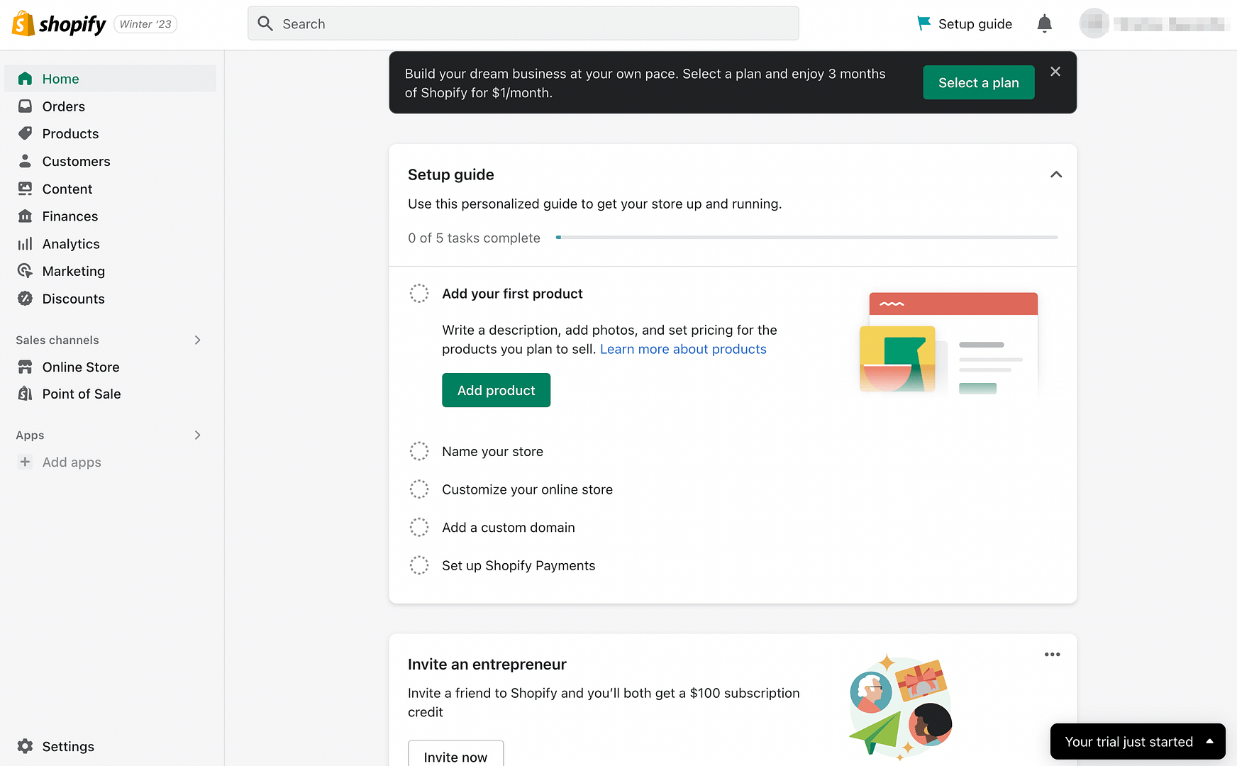 The Shopify dashboard with the Startup Guide checklist visible