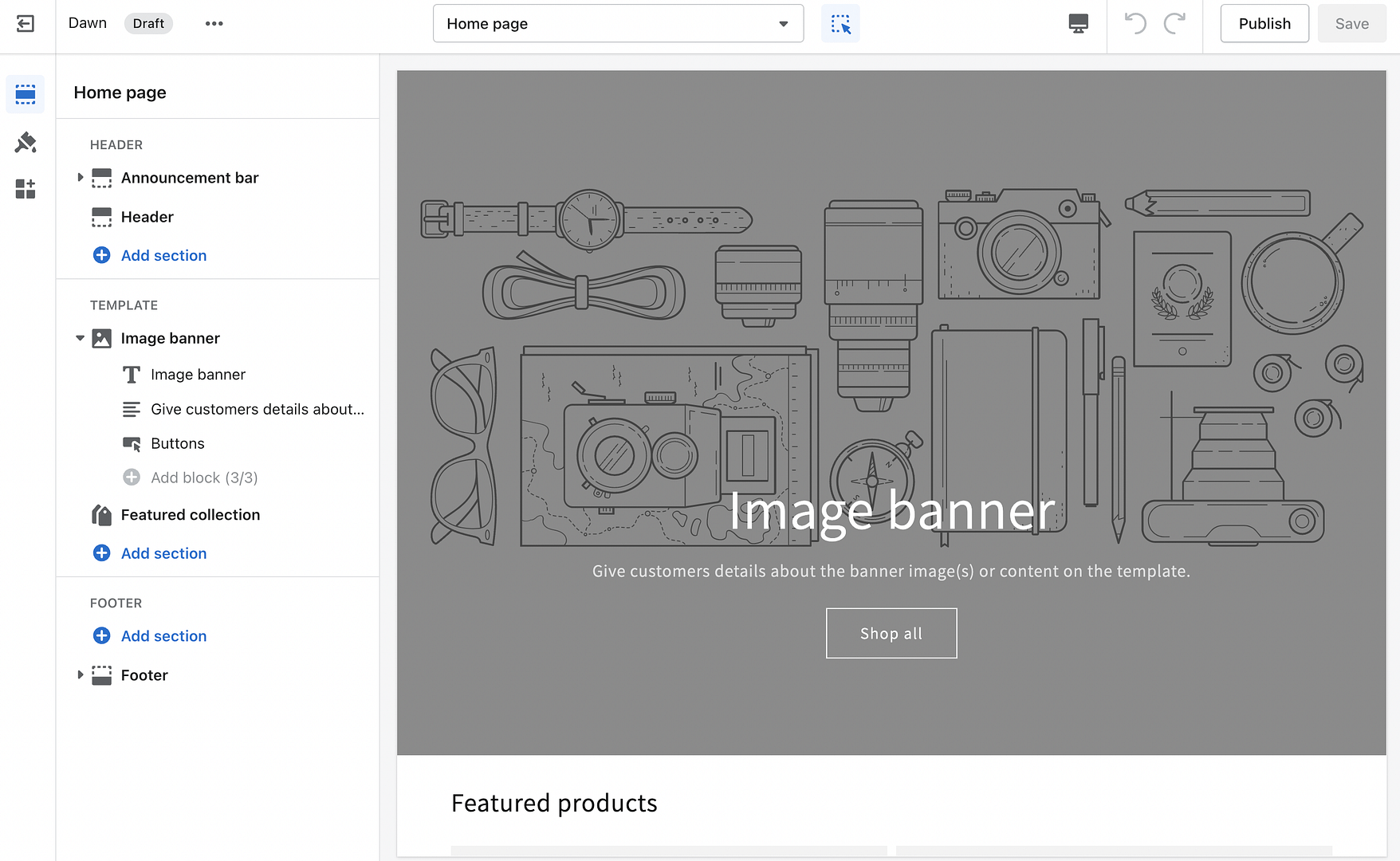 The Shopify theme editor with Image options open in the sidebar