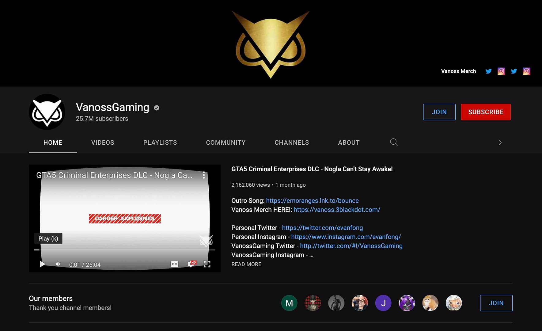 VanossGaming YouTube channel's homepage