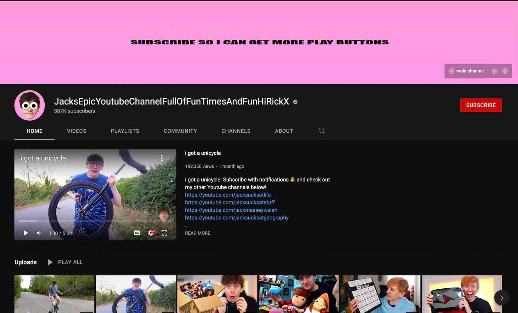 JacksEpic YouTube channel's homepage
