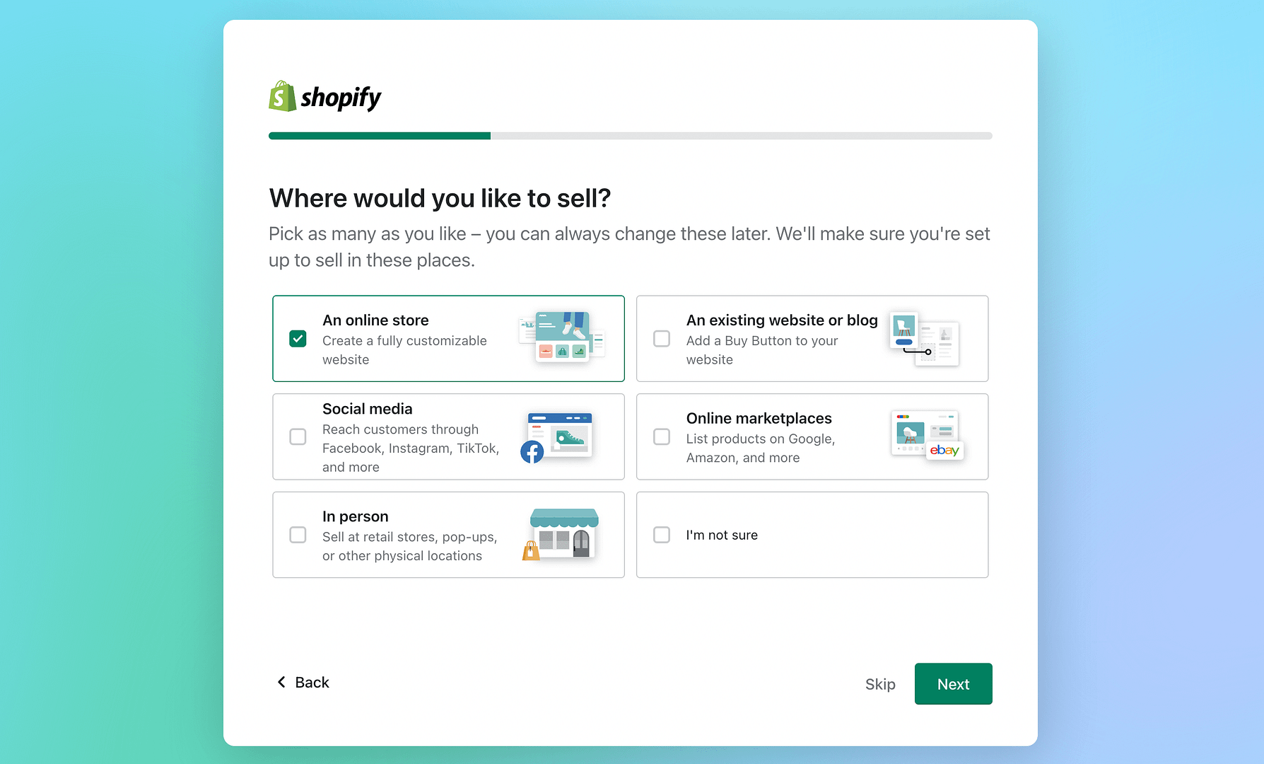 Shopify vs Wix vs Squarespace: Shopify setup question "Where would you like to sell"