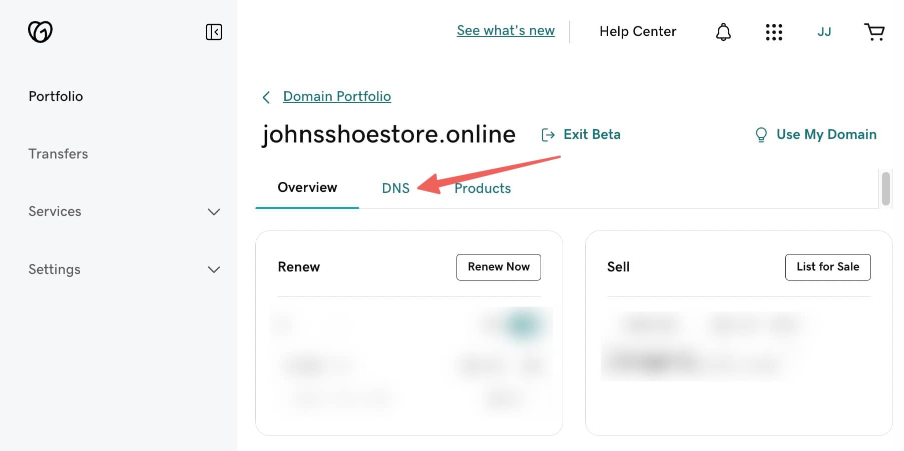 How to create subdomain in GoDaddy: Johnsshoestore.online area with a red arrow pointing to "DNS" option under the domain.