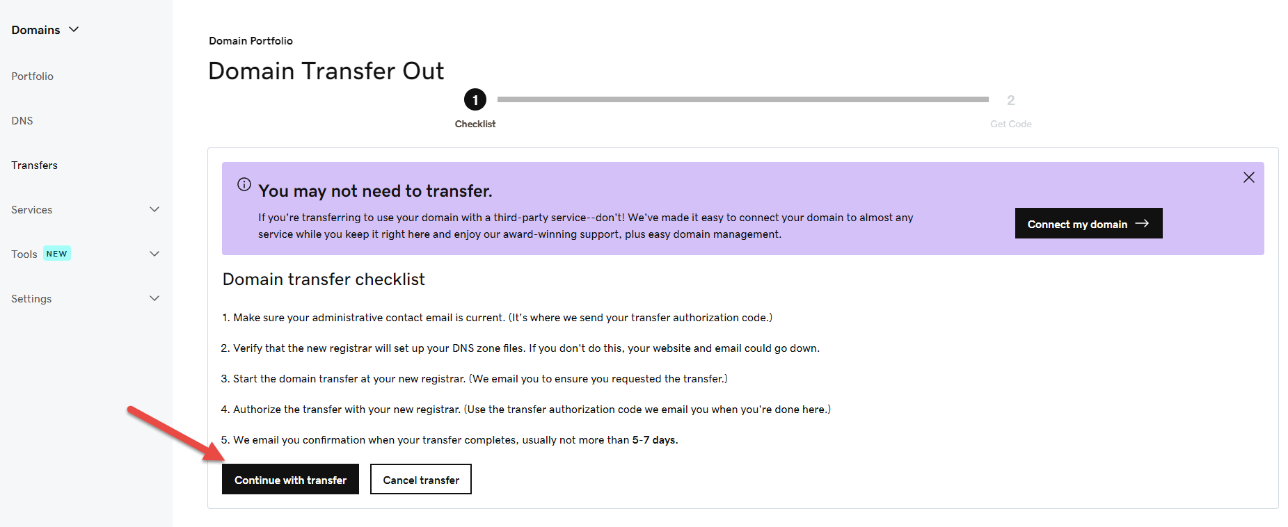 GoDaddy domain transfer checklist with arrow pointing to "Continue with transfer" button.