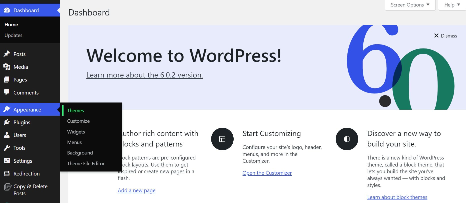 WordPress dashbaord with the "Appearance" submenu opened to "Themes".