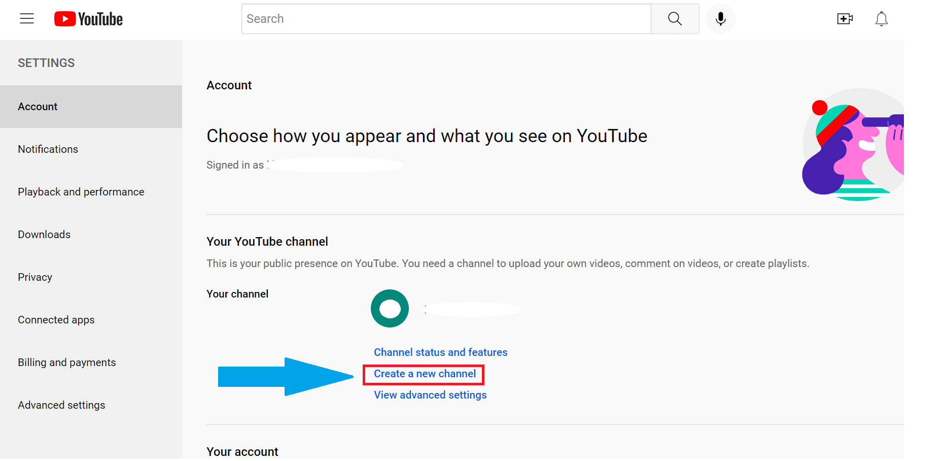 YouTube Account page with an arrow pointing to the "Create a new channel" link