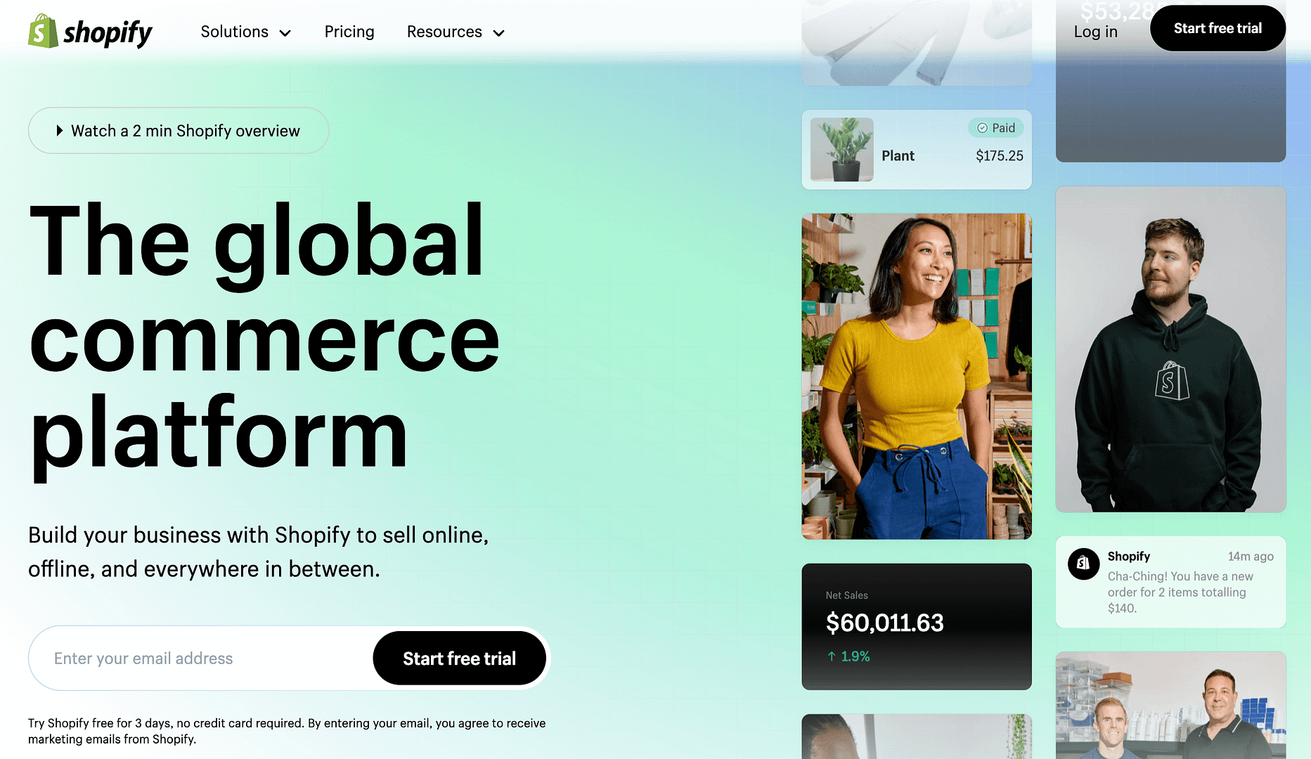 Shopify vs Wix vs Squarespace: Shopify homepage