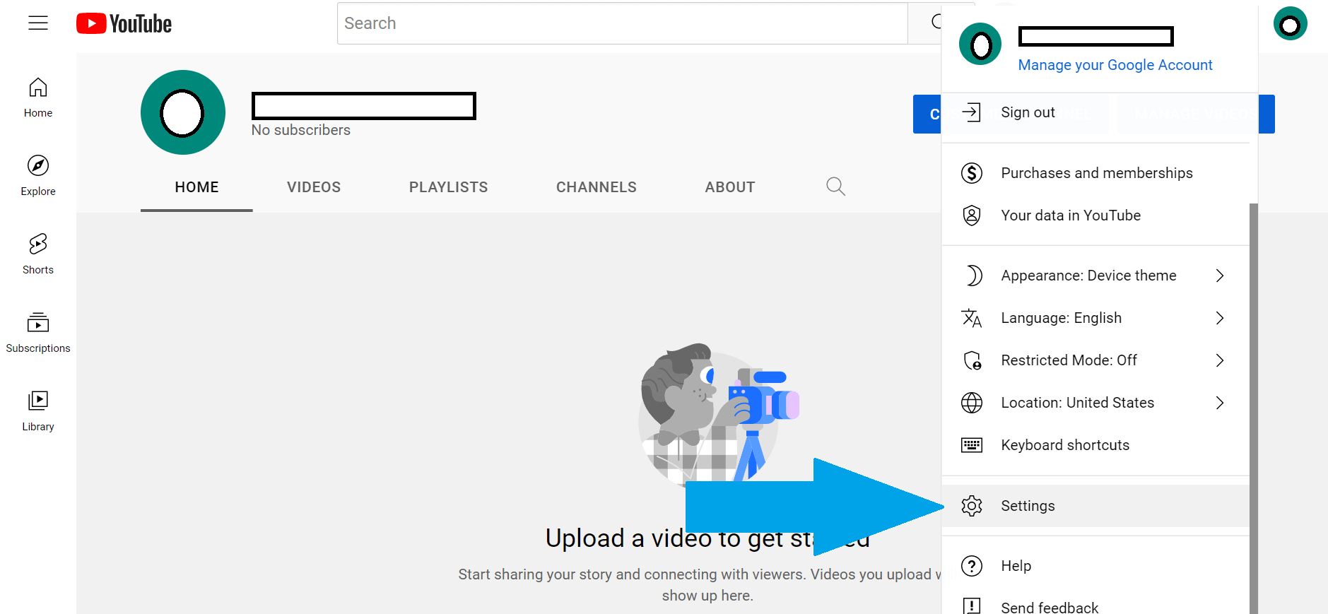 YouTube channel default homepage with an arrow pointing to "Settings" in the dropdown menu