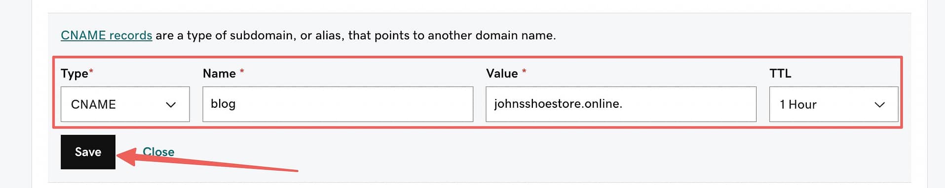 How to create subdomain in GoDaddy: CNAME records information with a red arrow pointing at the "Save" button.