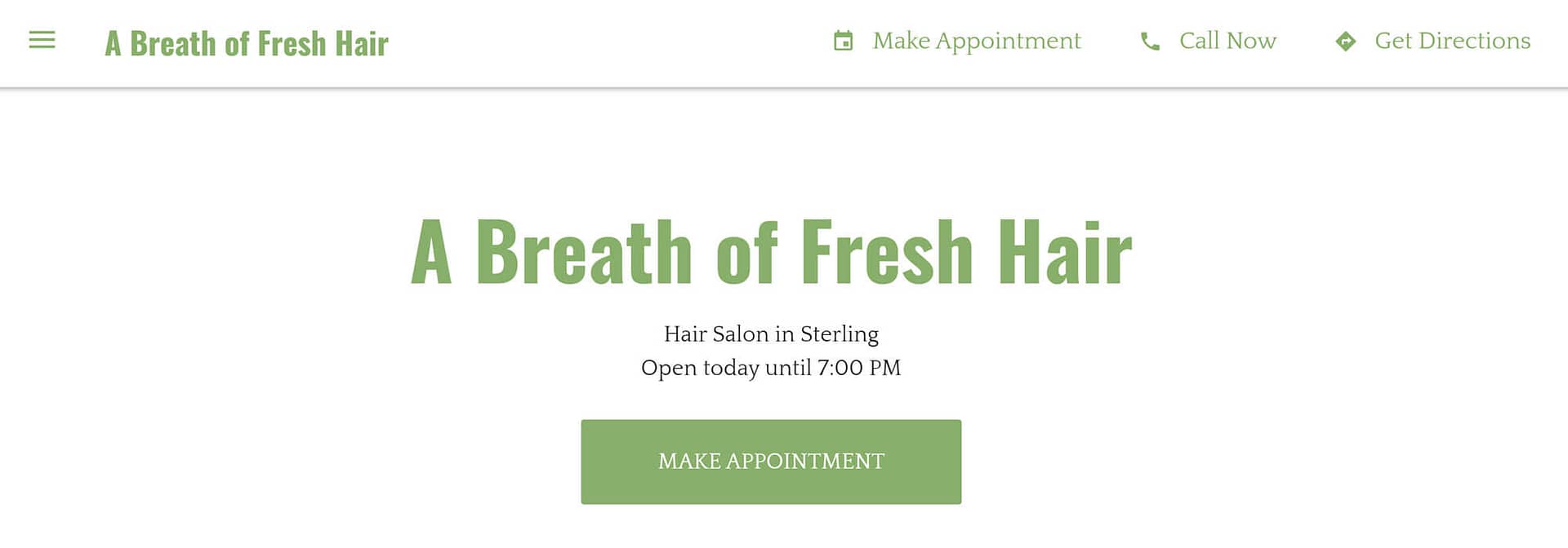Hair business name generator: A Breath of Fresh Hair homepage