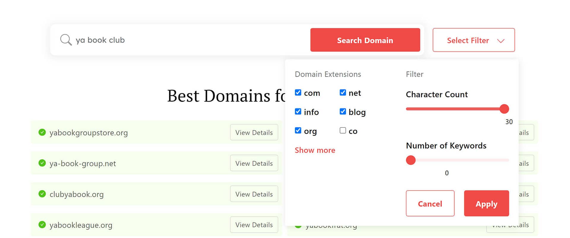 DomainWheel book club name generator search filters