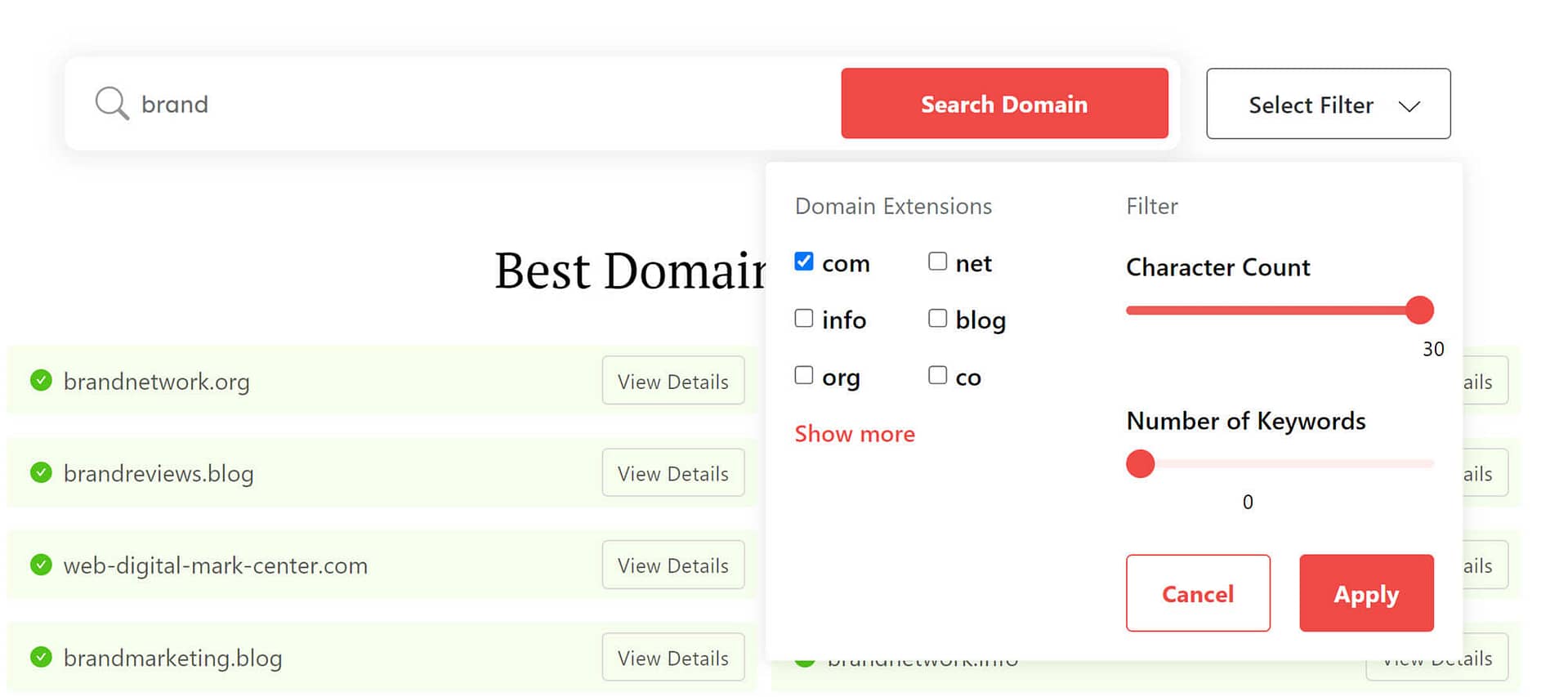 DomainWheel free website name generator search filters