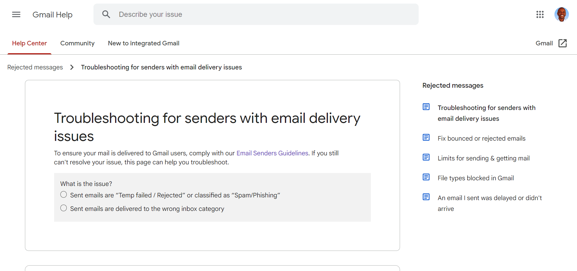 Gmail senders troubleshooting page.