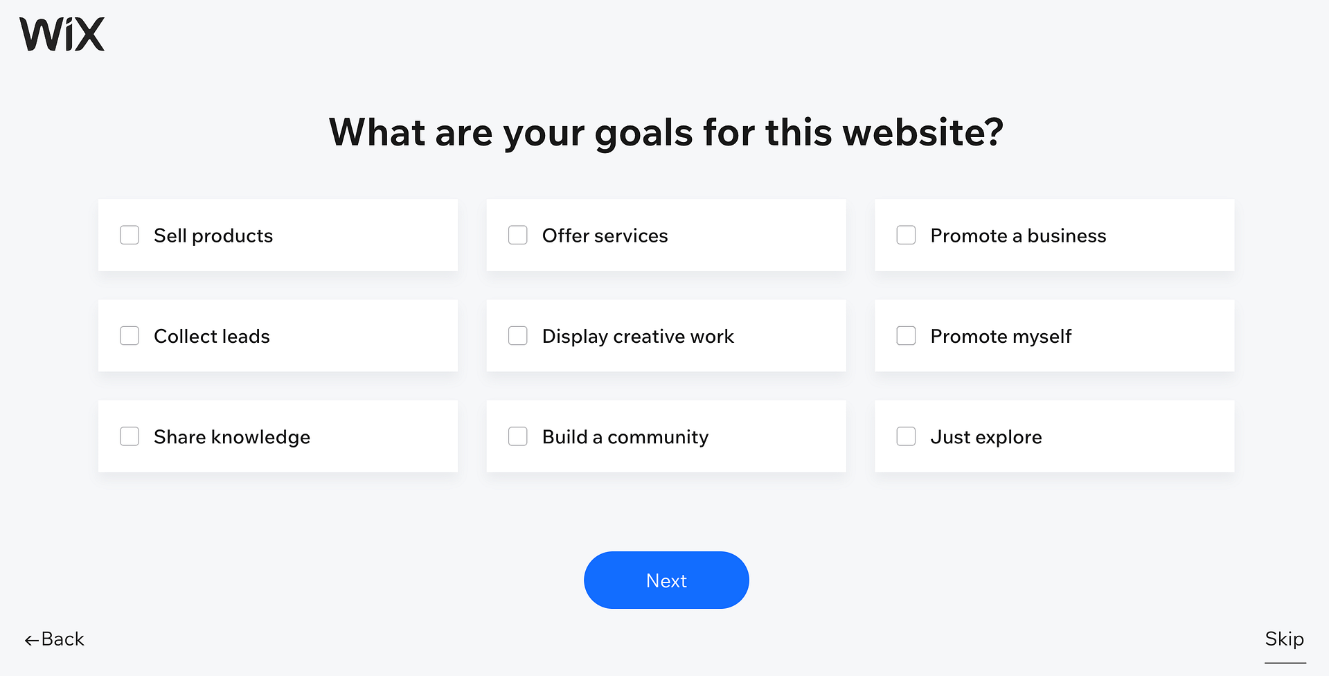 Wix "What are your goals for this website?" setup page