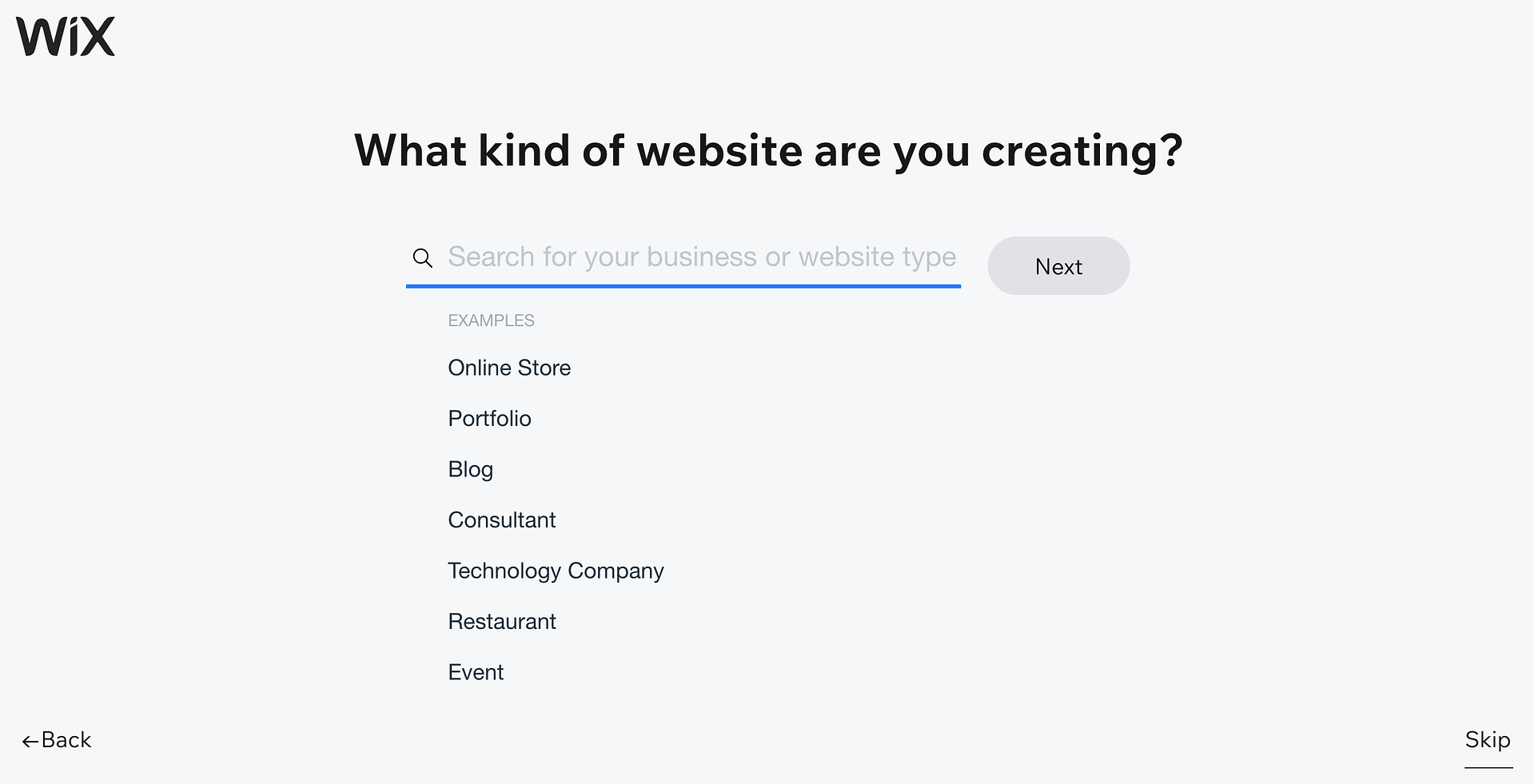 Shopify vs Wix vs Squarespace: Wix website setup question "What kind of website are you creating"