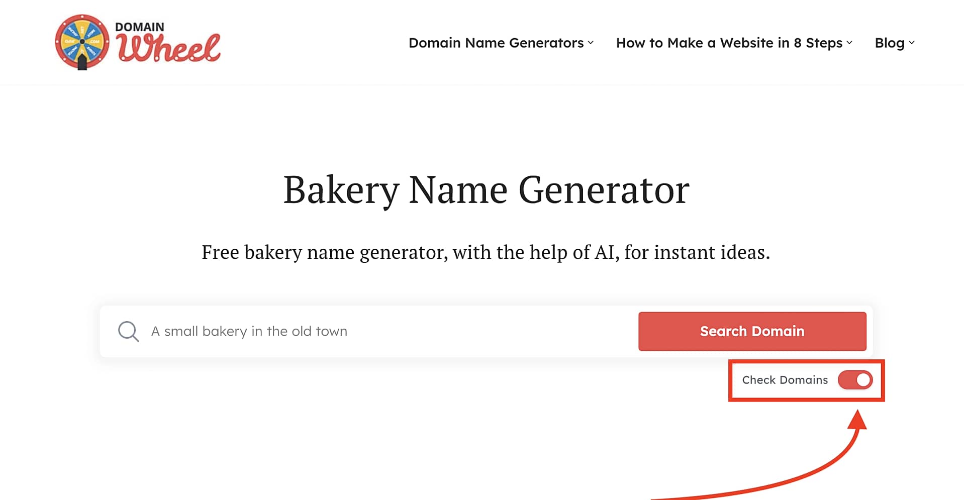 Toggling the "Check Domains" option on the bakery name generator.