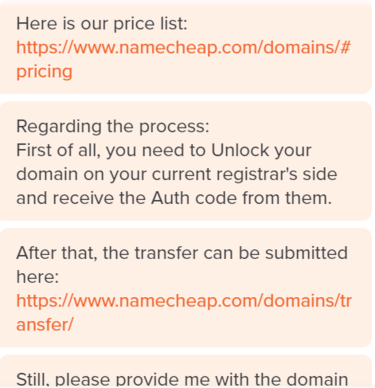 Namecheap live chat support.