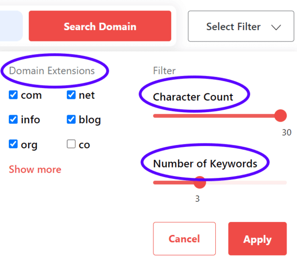 DomainWheel search filters