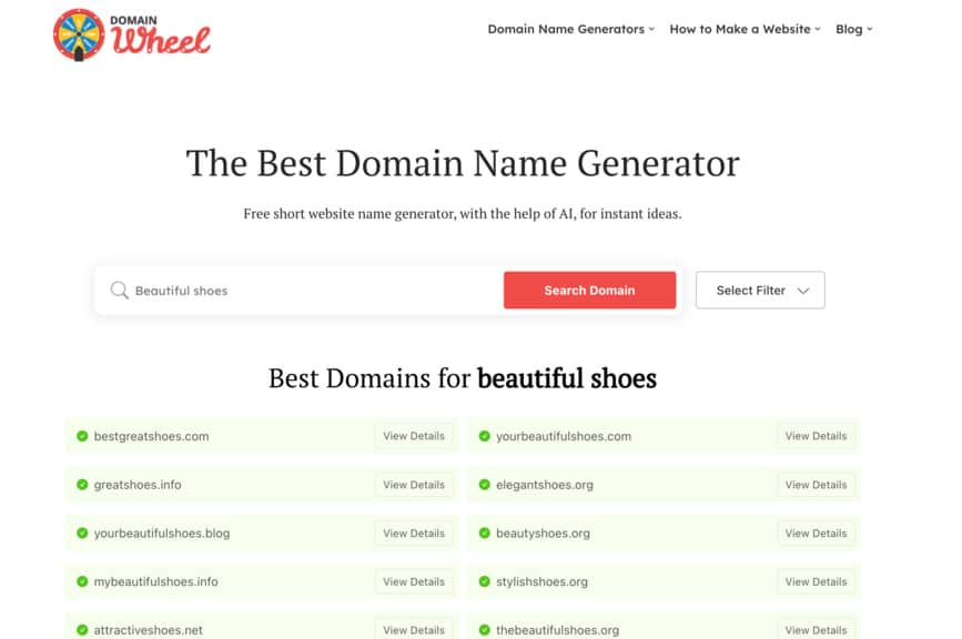 Is my business name taken: DomainWheel availability search results
