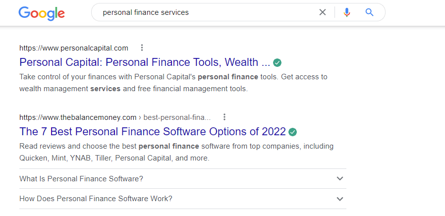 Google search results for "personal finance services"